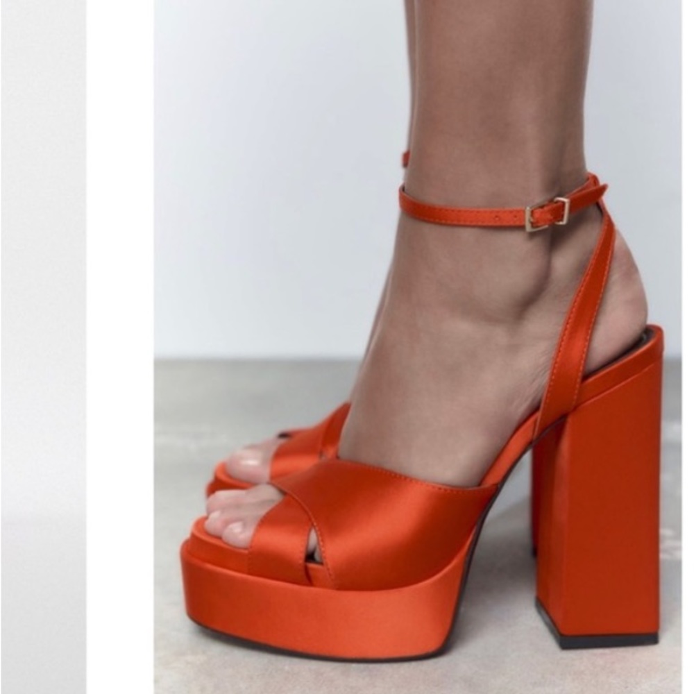 NWOT Zara Orange Satin Platform Heels Size 9